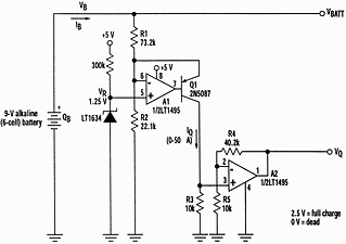 Figure 1. This circuit outputs a 0 to 2,5 V voltage that is proportional to the estimated remaining battery capacity. It can be adapted to different battery voltages and chemistries